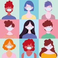 Set of young people wearing masks vector