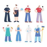 Essential workers wearing masks flat design set vector