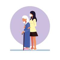 Young woman wearing face mask and taking care of an old woman vector