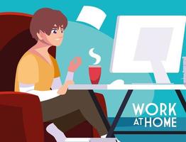 Male freelancer working remotely from his home vector