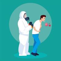 Person in protective suit with infected coughing man