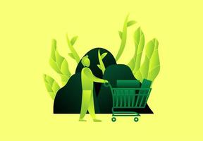 Man with shopping cart in front of rocks and leaves vector