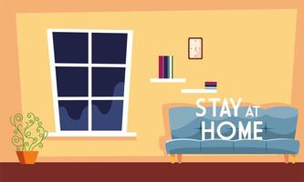 Stay at home text and a cute living room vector
