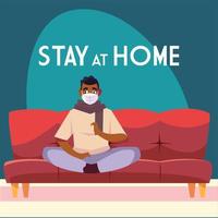 Stay at home awareness with masked man on couch vector