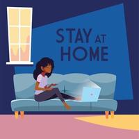 Stay at home awareness and woman on couch with laptop vector