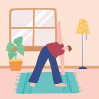 niño practicando yoga en la sala de estar vector