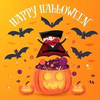 Happy boy in vampire costume jumping over pumpkin vector