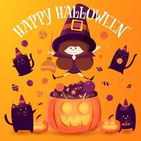 Girl in witch costume with pumpkin full of candy vector