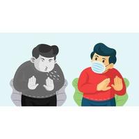 Unmasked person sneezing in front of masked person vector