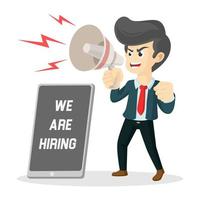 Business man holding megaphone with we are hiring sign vector