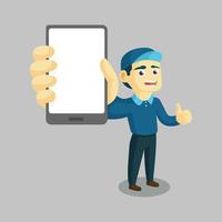 Delivery worker showing a gadget and giving thumbs up vector