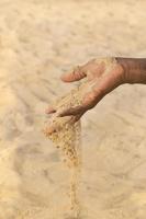 Hombre que sostiene un poco de arena en la mano: sequía y desertificación