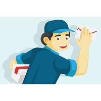 Cheerful postman with parcels and letter