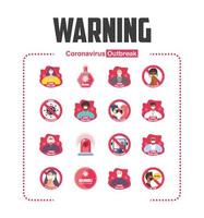 conjunto de medidas de seguridad pandémicas, precauciones, iconos de señales de advertencia