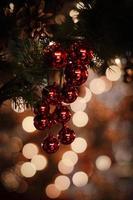 Close-up of red Christmas baubles photo
