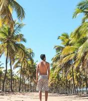 Hombre de pie entre palmeras en la playa