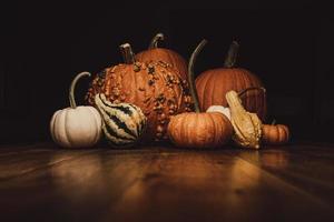 Assortment of orange and white pumpkins photo