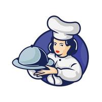 Female Chef Holding Platter with Lid vector