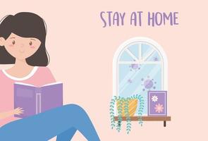 Girl reading a book at home greeting card  vector