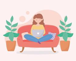 Woman using a laptop on the sofa around potted plants vector