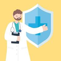 Doctor with clipboard and stethoscope pointing to medical shield vector