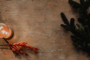 Wooden table with winter decor photo