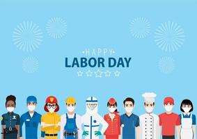 Masked workers and fireworks for Labor Day vector