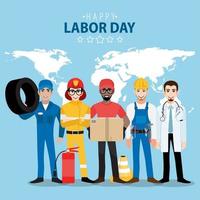 Labor Day card with professionals and world map vector