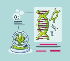 infografía con una molécula de adn e investigación de coronavirus. vector