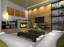 View on the modern apartment with fireplace 3D