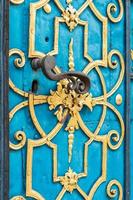 Blue door decorated with golden adornment and handle