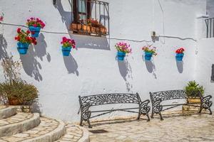 Picturesque street of Mijas with flower pots in facades. Andalus