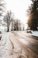 Snowy road and trees photo