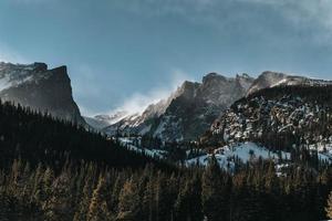 Looking up at mountains and trees photo