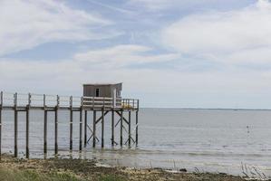 Shed on dock over water with cloudy blue sky photo