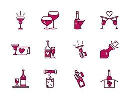 Wine and beverage celebration line and fill icon set vector