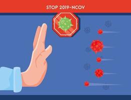 Infografía con mano, detener virus y medidas de prevención. vector