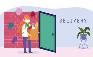 Courier man safely delivering groceries at doorstep vector