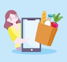 Woman ordering groceries via smartphone  vector