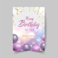 Folleto de cumpleaños con globos morados y confeti dorado. vector