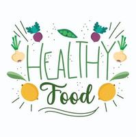 lindas letras de alimentos saludables con iconos de productos vector