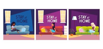 Cards with stay at home lettering with women sitting on the sofa