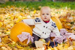 Niño en suéter de punto se sienta entre calabazas en el parque de otoño