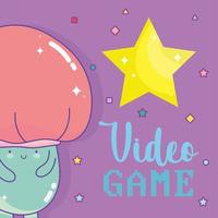 Mushroom character with video game lettering and a big star vector