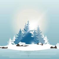 Winter pine forest on the shore of a frozen lake during sunset vector