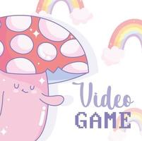 Mushroom character with video game lettering and rainbows vector