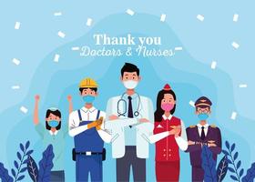 Set of workers using face masks with thank you message vector
