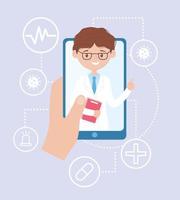 Hand holding a smartphone with online app medical support vector