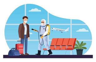 Biosafety worker disinfect airport for COVID 19 vector