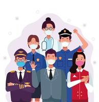 Group of workers using medical masks vector